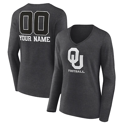 Women's Charcoal Oklahoma Sooners Personalized Name & Number Monochrome Long Sleeve V-Neck T-Shirt