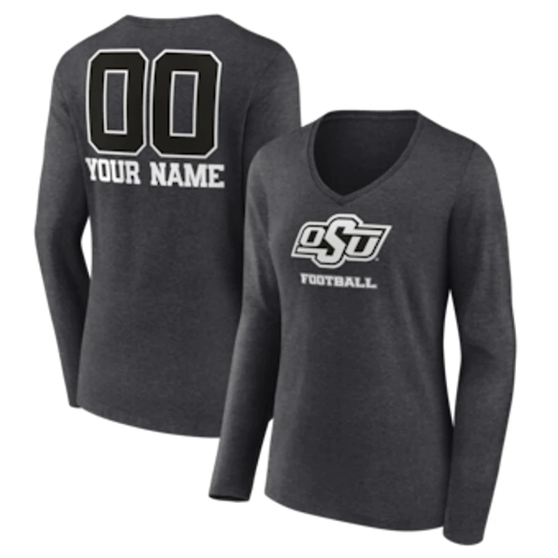 Women's Charcoal Oklahoma State Cowboys Personalized Name & Number Monochrome Long Sleeve V-Neck T-Shirt