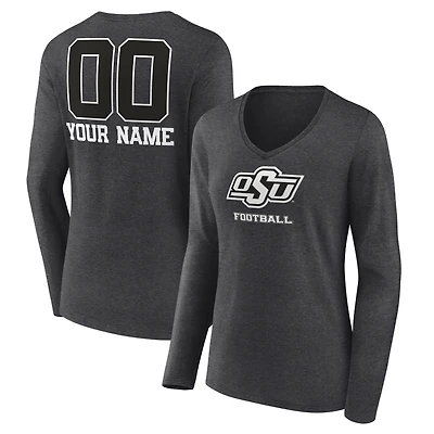 Women's Charcoal Oklahoma State Cowboys Personalized Name & Number Monochrome Long Sleeve V-Neck T-Shirt