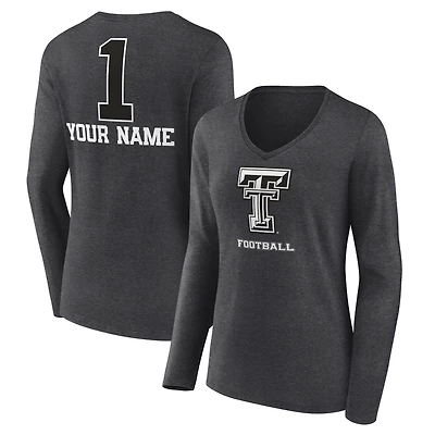 Women's Charcoal Texas Tech Red Raiders Personalized Any Name Monochrome Long Sleeve V-Neck T-Shirt