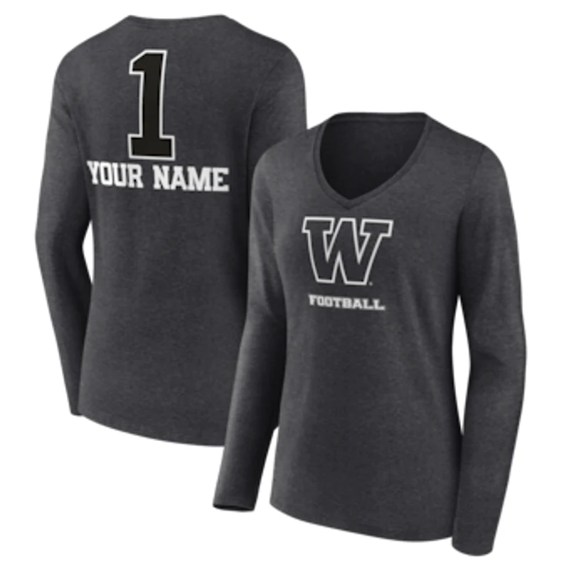 Women's Charcoal Washington Huskies Personalized Any Name Monochrome Long Sleeve V-Neck T-Shirt