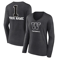 Women's Charcoal Washington Huskies Personalized Any Name Monochrome Long Sleeve V-Neck T-Shirt