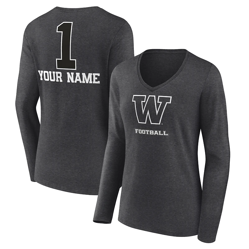 Women's Charcoal Washington Huskies Personalized Any Name Monochrome Long Sleeve V-Neck T-Shirt