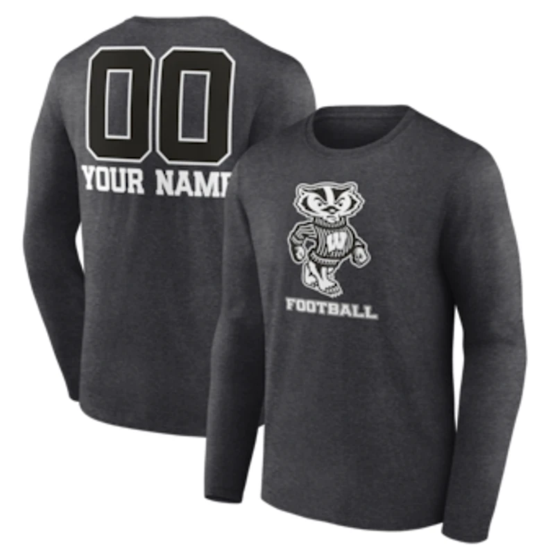 Men's Charcoal Wisconsin Badgers Personalized Name & Number Monochrome Long Sleeve T-Shirt
