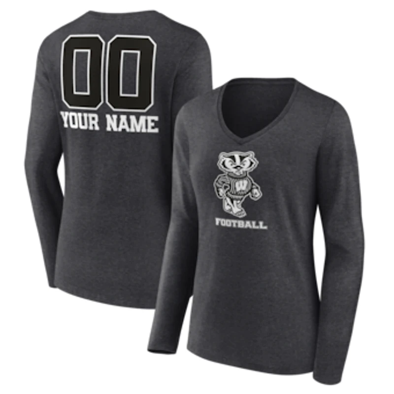 Women's Charcoal Wisconsin Badgers Personalized Name & Number Monochrome Long Sleeve V-Neck T-Shirt
