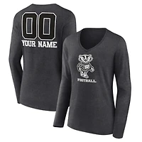 Women's Charcoal Wisconsin Badgers Personalized Name & Number Monochrome Long Sleeve V-Neck T-Shirt
