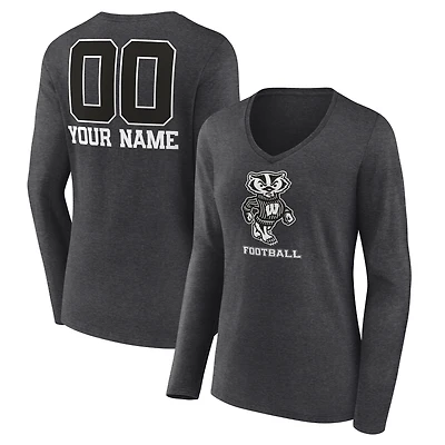 Women's Charcoal Wisconsin Badgers Personalized Name & Number Monochrome Long Sleeve V-Neck T-Shirt