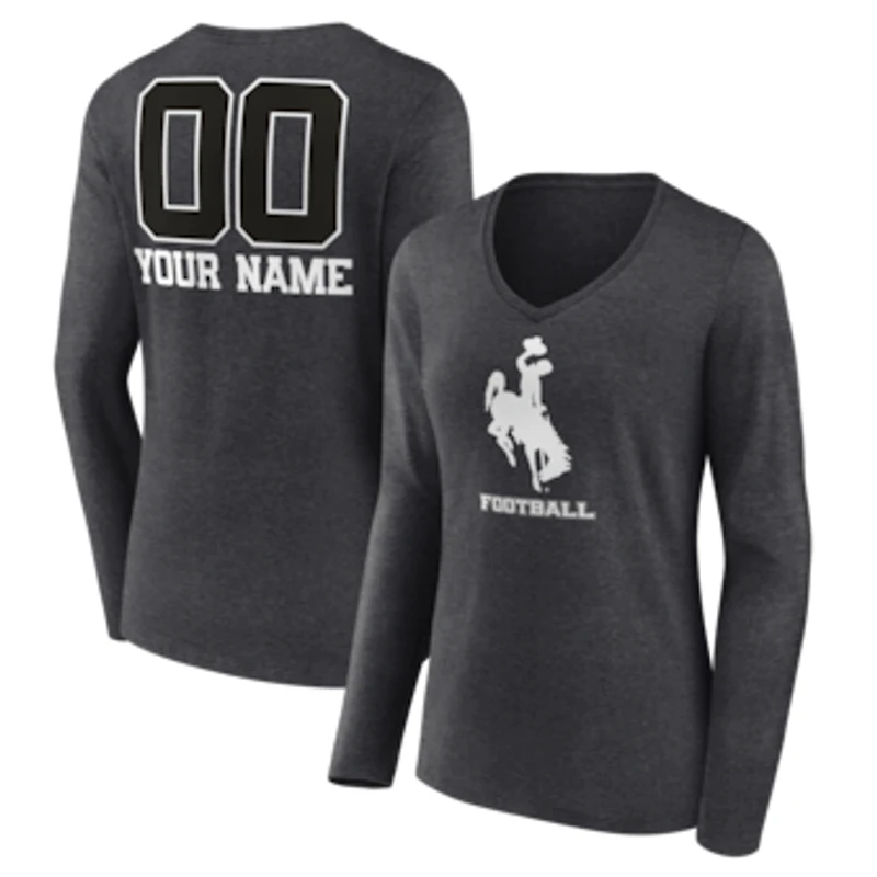 Women's Charcoal Wyoming Cowboys Personalized Name & Number Monochrome Long Sleeve V-Neck T-Shirt