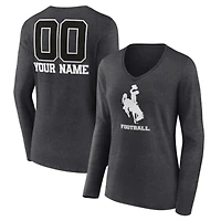 Women's Charcoal Wyoming Cowboys Personalized Name & Number Monochrome Long Sleeve V-Neck T-Shirt