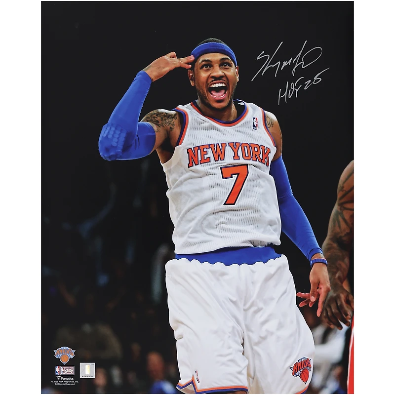 Carmelo Anthony New York Knicks Autographed 16" x 20" Tapping Head Celebration Photograph with "HOF 25" Inscription