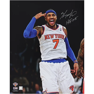 Carmelo Anthony New York Knicks Autographed 16" x 20" Tapping Head Celebration Photograph with "HOF 25" Inscription