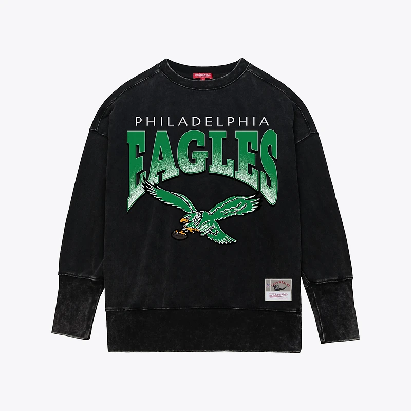 Women's Mitchell & Ness  Black Philadelphia Eagles Delineate Mineral Wash Crewneck Sweatshirt