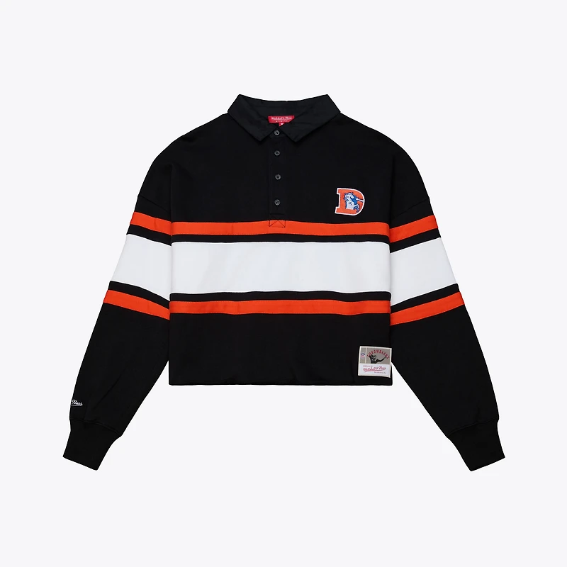Women's Mitchell & Ness  Black Denver Broncos Throwback Cropped Long Sleeve Rugby Polo
