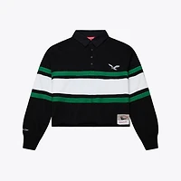 Women's Mitchell & Ness  Black Philadelphia Eagles Throwback Cropped Long Sleeve Rugby Polo