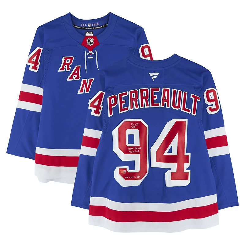 Gabe Perreault New York Rangers Autographed Blue Fanatics Premium Jersey with "NHL Debut 4/2/25" & "No quit in NY" Inscriptions - Limited Edition of 25