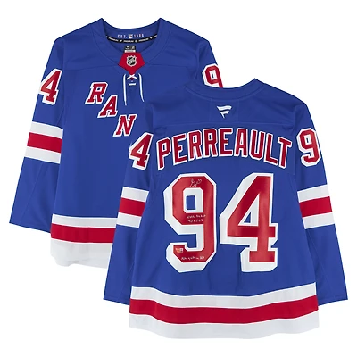 Gabe Perreault New York Rangers Autographed Blue Fanatics Premium Jersey with "NHL Debut 4/2/25" & "No quit in NY" Inscriptions - Limited Edition of 25