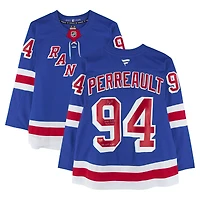 Gabe Perreault New York Rangers Autographed Blue Fanatics Premium Jersey with "NHL Debut 4/2/25" & "No quit in NY" Inscriptions - Limited Edition of 25