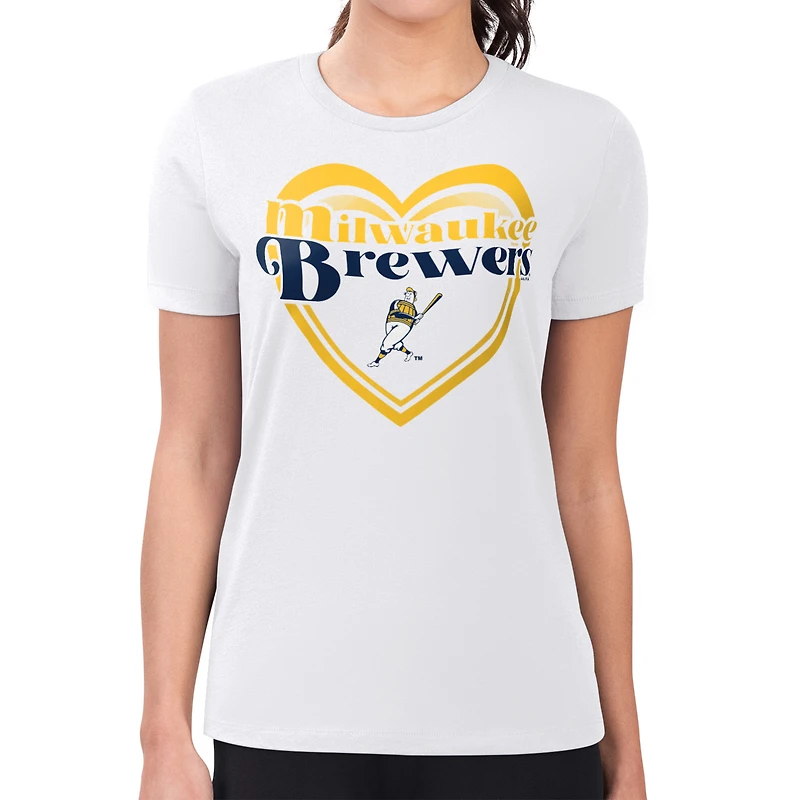 Women's G-III 4Her by Carl Banks  White Milwaukee Brewers Super-Slim Fit Lightweight Double Heart T-Shirt