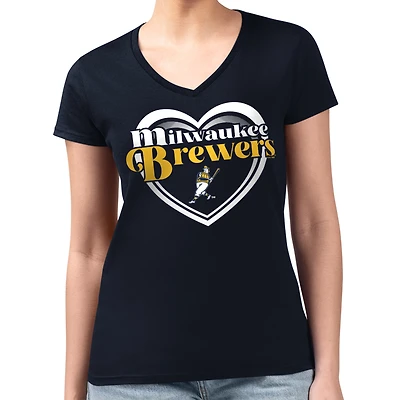 Women's G-III 4Her by Carl Banks  Navy Milwaukee Brewers Super-Slim Fit Lightweight Double Heart V-Neck T-Shirt