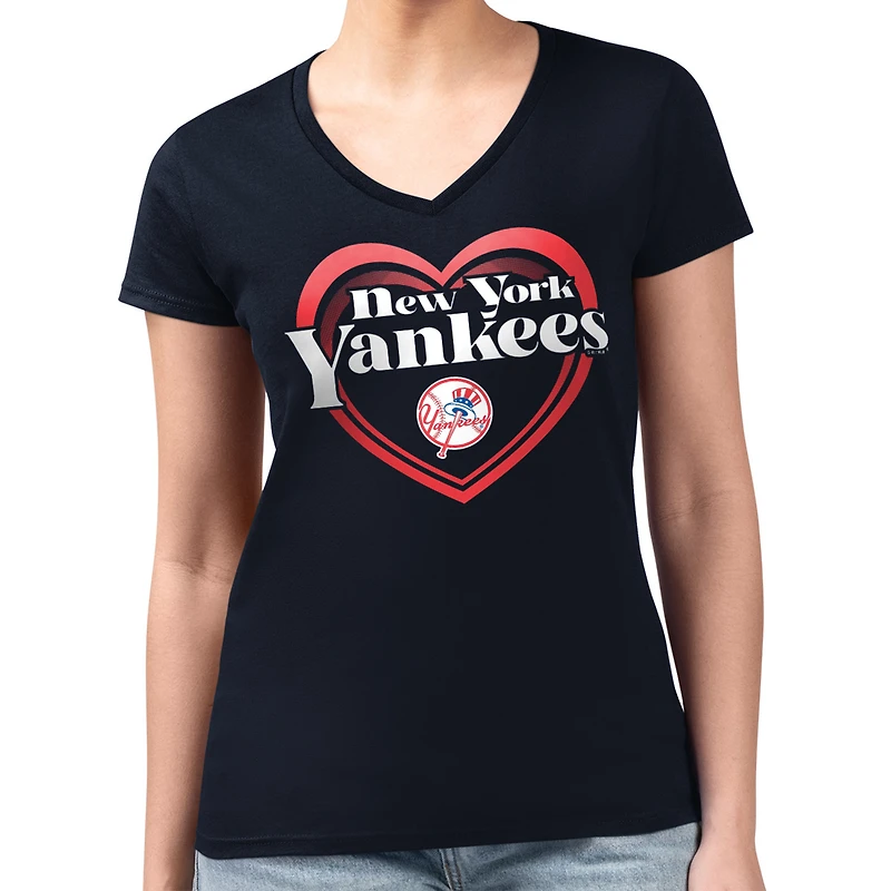 Women's G-III 4Her by Carl Banks  Navy New York Yankees Super-Slim Fit Lightweight Double Heart V-Neck T-Shirt