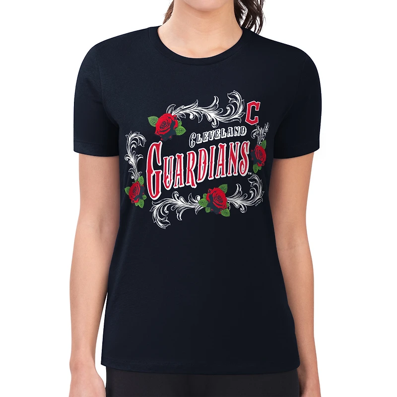 Women's G-III 4Her by Carl Banks  Navy Cleveland Guardians Super-Slim Fit Lightweight Retro Roses T-Shirt