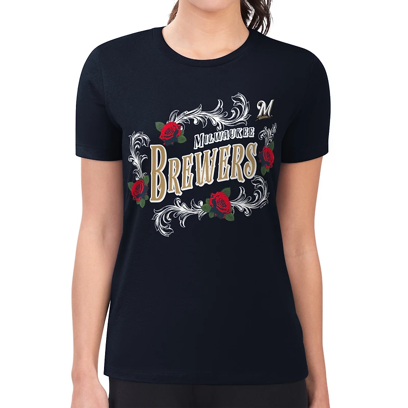 Women's G-III 4Her by Carl Banks  Navy Milwaukee Brewers Super-Slim Fit Lightweight Retro Roses T-Shirt