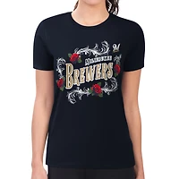 Women's G-III 4Her by Carl Banks  Navy Milwaukee Brewers Super-Slim Fit Lightweight Retro Roses T-Shirt