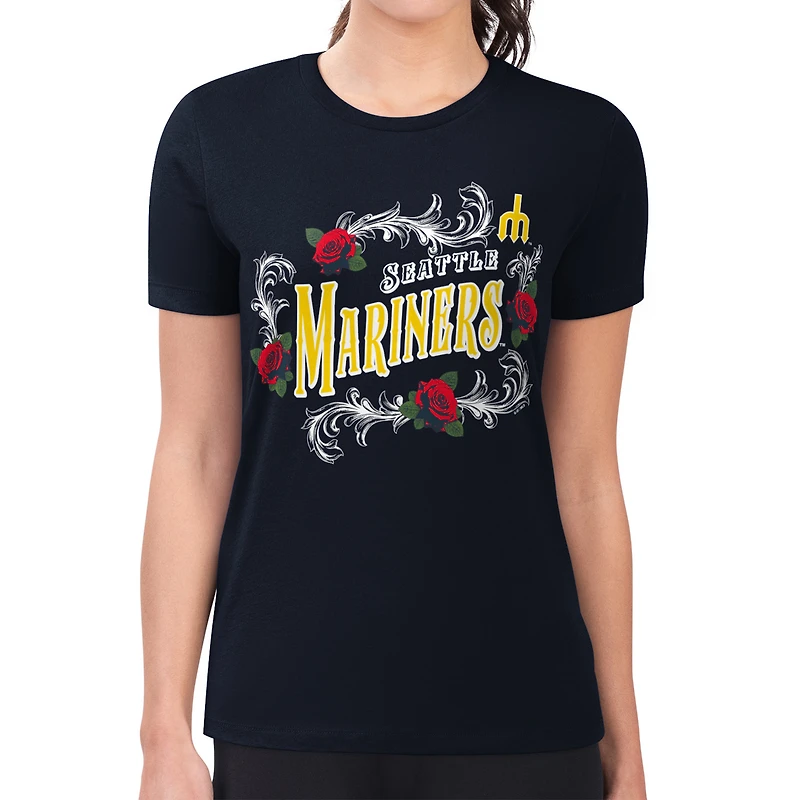 Women's G-III 4Her by Carl Banks  Navy Seattle Mariners Super-Slim Fit Lightweight Retro Roses T-Shirt