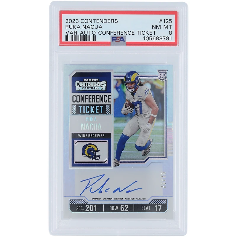Puka Nacua Los Angeles Rams Autographed 2023 Panini Contenders Conference Ticket #125 #26/75 PSA Authenticated 8 Rookie Card