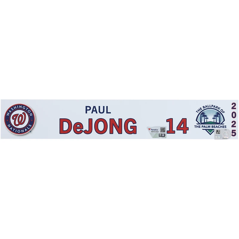 Paul DeJong Washington Nationals Player-Issued #14 Nameplate from 2025 MLB Spring Training