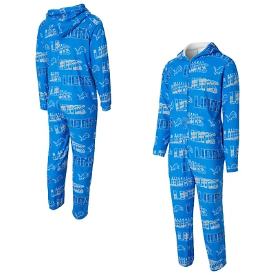 Men's Concepts Sport Blue Detroit Lions Shuffle All-Over-Print Microfleece Full-Zip Union Suit