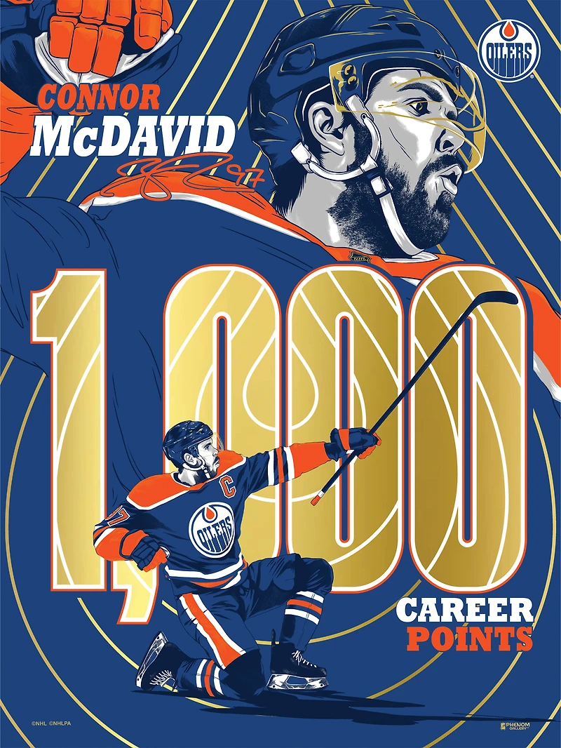 Phenom Gallery Connor McDavid Edmonton Oilers 1,000 Career Points 18" x 24" Gold Foil Serigraph