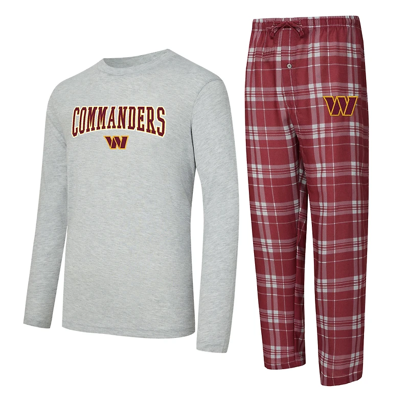 Men's Concepts Sport Burgundy/Heather Gray Washington Commanders Regulate Long Sleeve T-Shirt and Plaid Pant Set