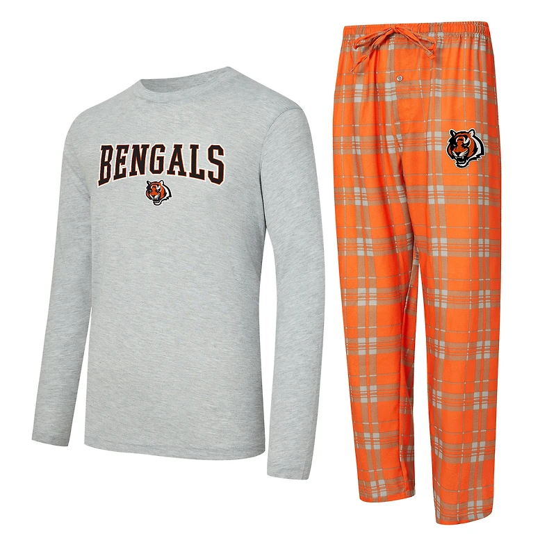 Men's Concepts Sport Orange/Heather Gray Cincinnati Bengals Regulate Long Sleeve T-Shirt and Plaid Pant Set
