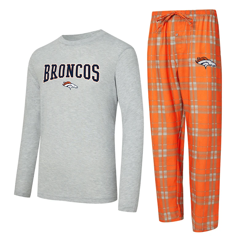 Men's Concepts Sport Orange/Heather Gray Denver Broncos Regulate Long Sleeve T-Shirt and Plaid Pant Set