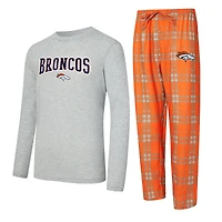 Men's Concepts Sport Orange/Heather Gray Denver Broncos Regulate Long Sleeve T-Shirt and Plaid Pant Set