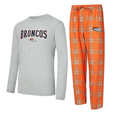 Men's Concepts Sport Orange/Heather Gray Denver Broncos Regulate Long Sleeve T-Shirt and Plaid Pant Set