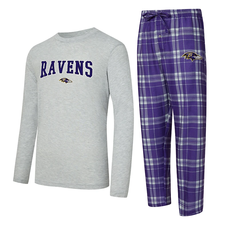 Men's Concepts Sport Purple/Heather Gray Baltimore Ravens Regulate Long Sleeve T-Shirt and Plaid Pant Set