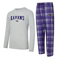 Men's Concepts Sport Purple/Heather Gray Baltimore Ravens Regulate Long Sleeve T-Shirt and Plaid Pant Set