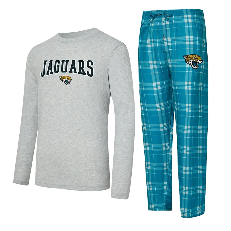 Men's Concepts Sport Teal/Heather Gray Jacksonville Jaguars Regulate Long Sleeve T-Shirt and Plaid Pant Set