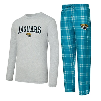 Men's Concepts Sport Teal/Heather Gray Jacksonville Jaguars Regulate Long Sleeve T-Shirt and Plaid Pant Set