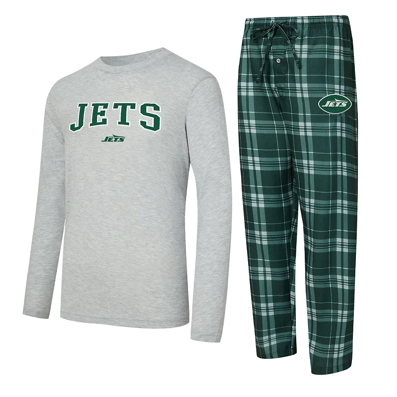 Men's Concepts Sport Green/Heather Gray New York Jets Regulate Long Sleeve T-Shirt and Plaid Pant Set