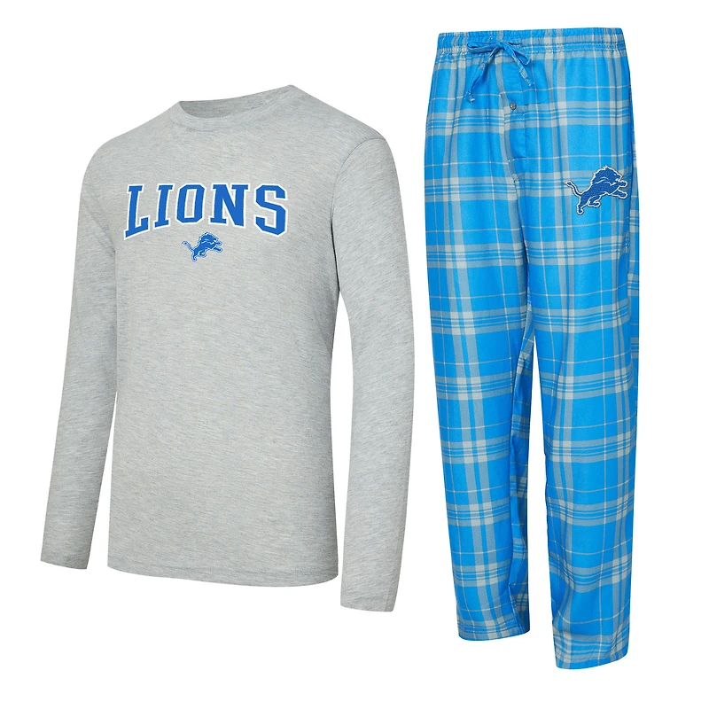 Men's Concepts Sport Blue/Heather Gray Detroit Lions Regulate Long Sleeve T-Shirt and Plaid Pant Set