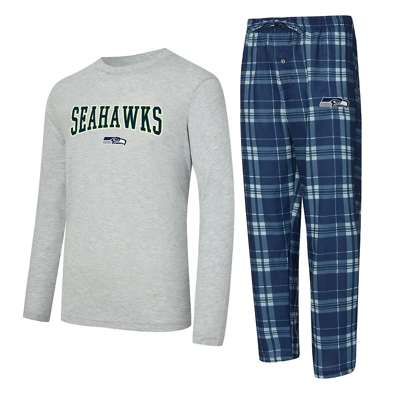 Men's Concepts Sport College Navy/Heather Gray Seattle Seahawks Regulate Long Sleeve T-Shirt and Plaid Pant Set