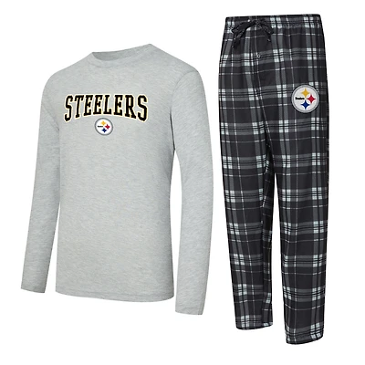 Men's Concepts Sport Black/Heather Gray Pittsburgh Steelers Regulate Long Sleeve T-Shirt and Plaid Pant Set