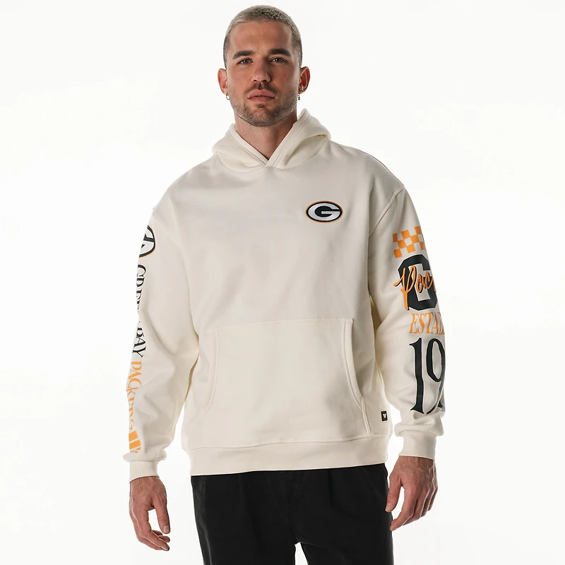 Unisex The Wild Collective Cream Green Bay Packers Stacked Graphic Sleeve Fleece Hoodie