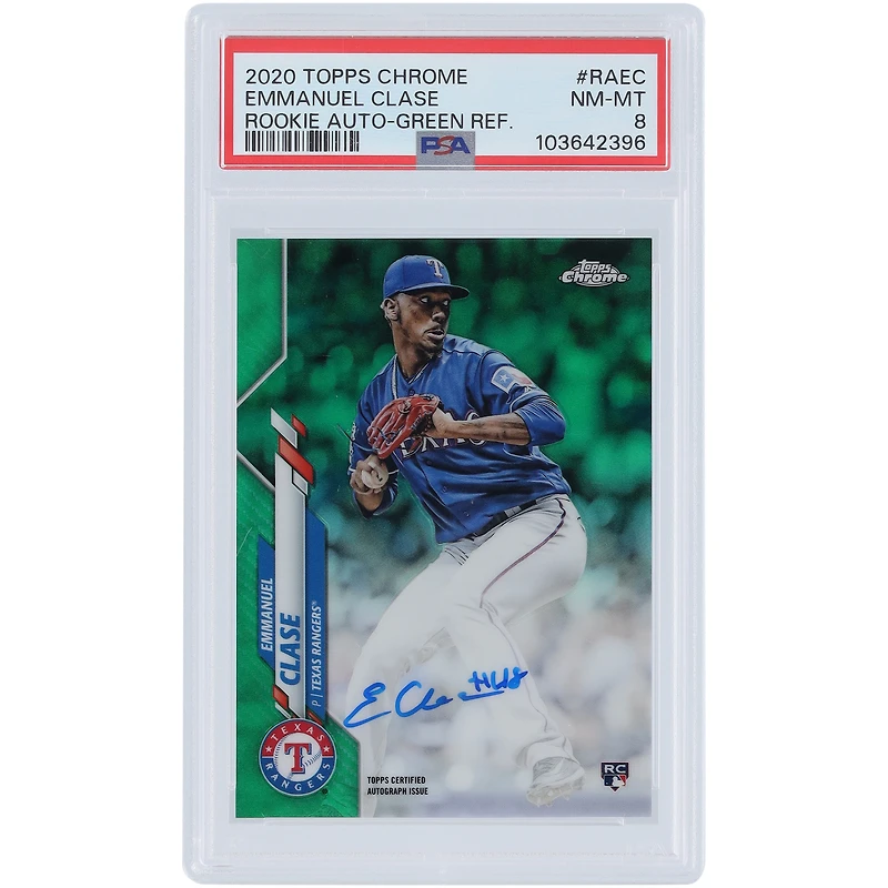 Emmanuel Clase Texas Rangers Autographed 2020 Topps Chrome Green Refractor #RA-EC #46/99 PSA Authenticated 8 Rookie Card