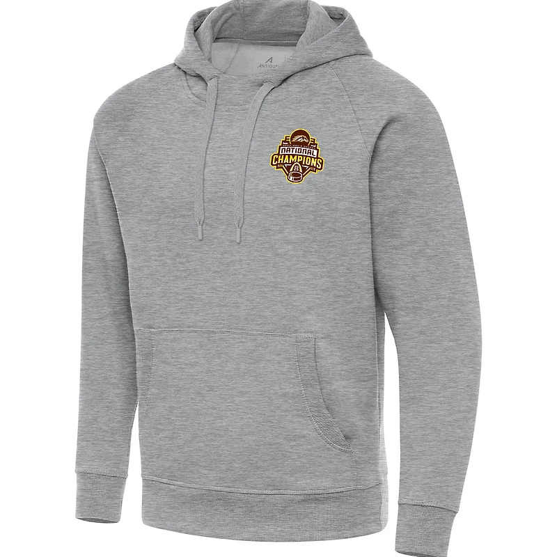 Men's Antigua  Heather Gray Western Michigan Broncos 2025 NCAA Frozen Four Men's Ice Hockey National Champions Victory Pullover Hoodie