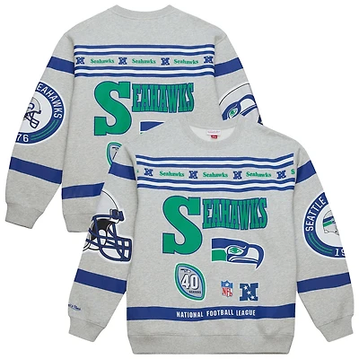 Men's Mitchell & Ness  Heather Gray Seattle Seahawks All Over Print Vintage Fleece Crewneck Sweatshirt