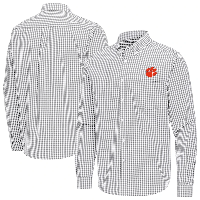 Men's Antigua Gray Clemson Tigers Ellis Woven Tri-Blend Long Sleeve Button-Down Shirt